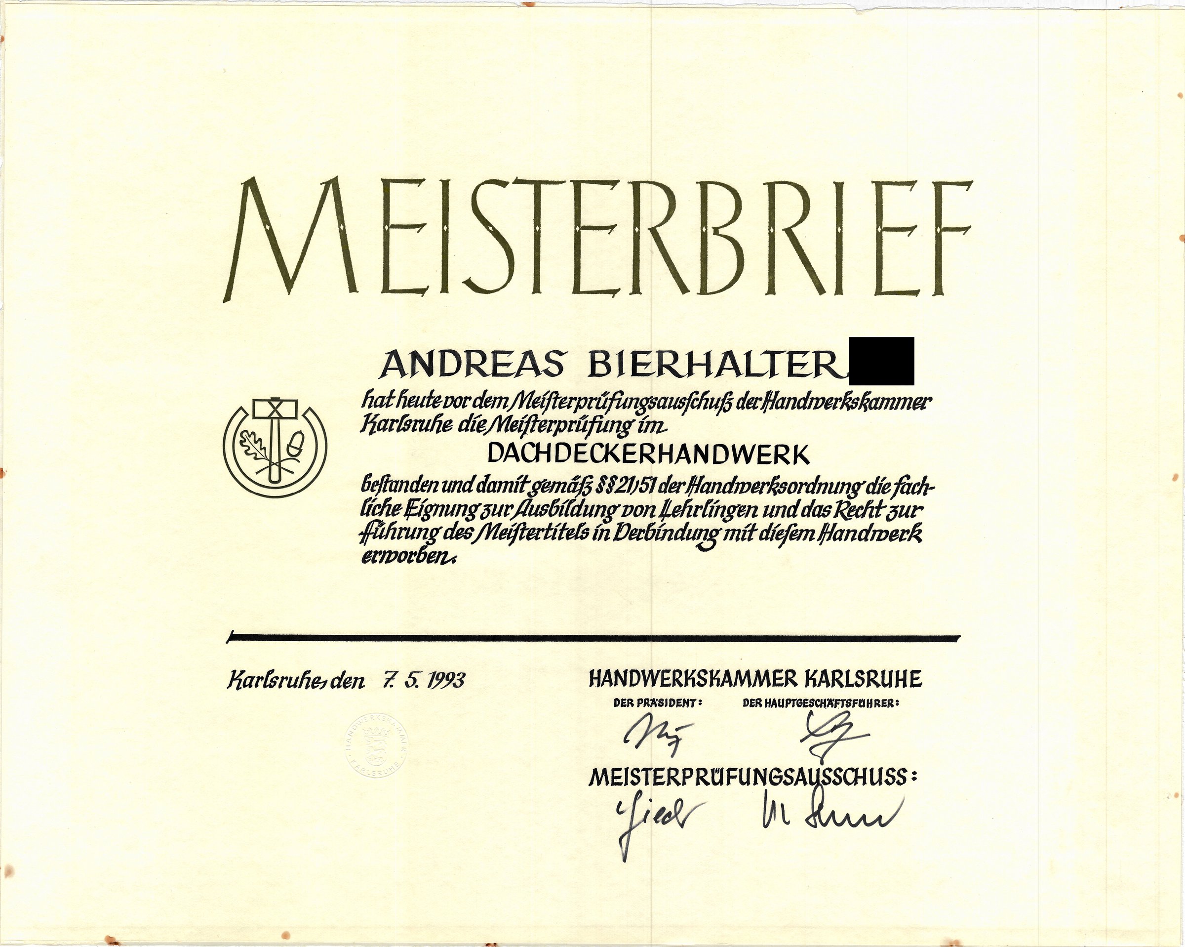 Meisterbrief Dachdecker-Handwerk, Handwerkskammer Karlsruhe, 1993 — Andreas Bierhalter